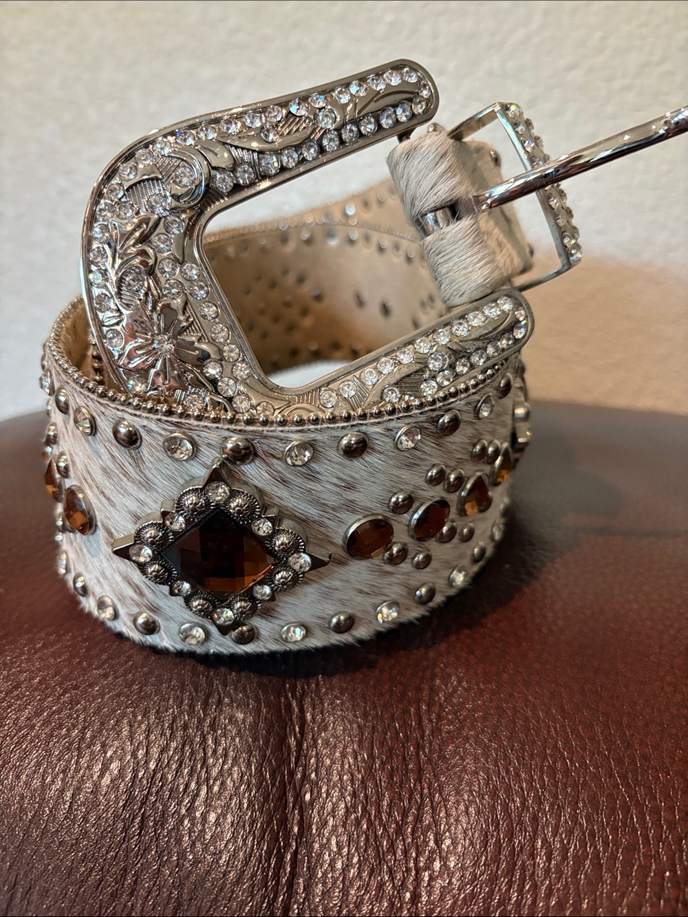 Embellished Western Hair-On Hide Belt in Ivory with Amber Gems
